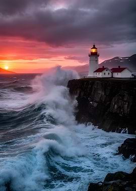 Stormy Lighthouse at Sunset