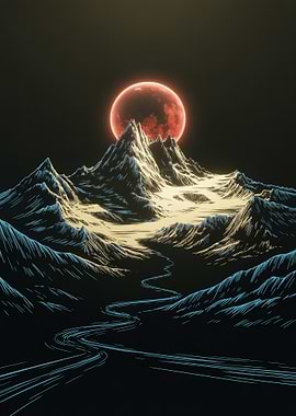 Crimson Moon Over Mountain Landscape
