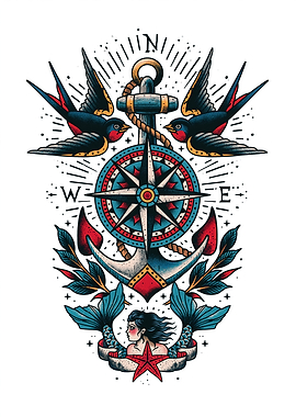 Nautical Tattoo Design with Mermaid and Swallows