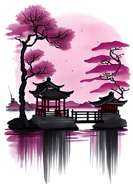 Japanese Pagoda Landscape with Cherry Blossoms