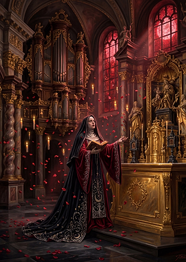 Nun in a Church with Falling Roses