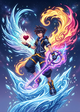 Kingdom Hearts Sora with Keyblade and Elemental Powers