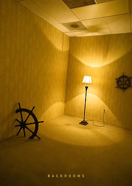 Backrooms with Ship Wheels and Lamp