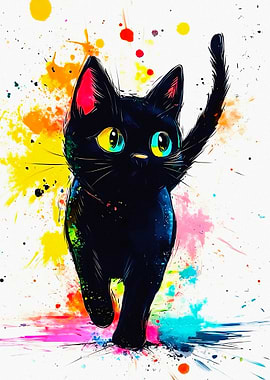 Black Cat with Colorful Splashes