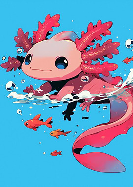 Cute Axolotl Swimming with Fish