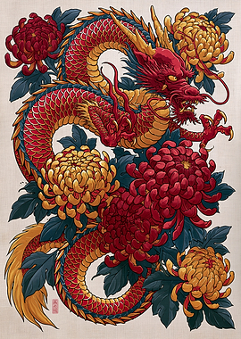 Dragon and Chrysanthemums