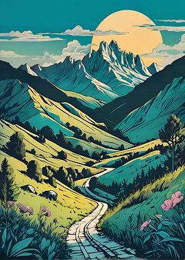 Mountain Valley Landscape with Sun