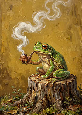 Frog Smoking a Pipe on a Tree Stump