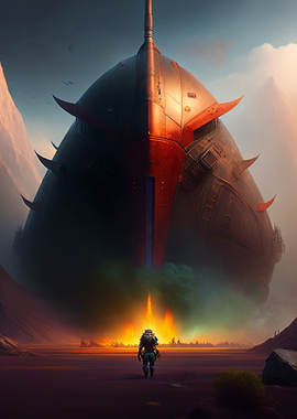 Sci-fi Soldier Facing Giant Spaceship