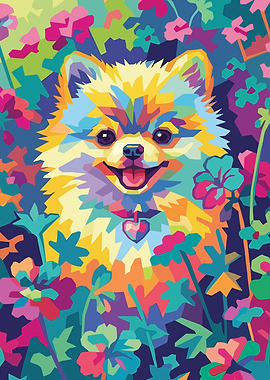 Colorful Pomeranian Dog in Flowers