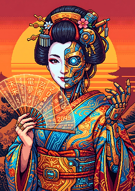 Cyberpunk Geisha with Futuristic Fan