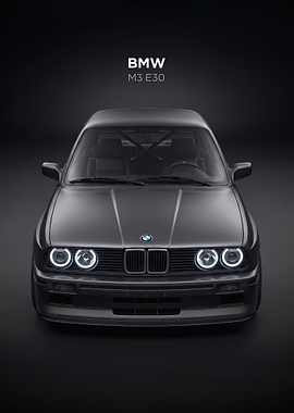 sleek black BMW M3 E30 Front View car poster