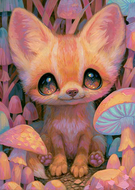 Cute Fennec Fox in Mushroom Forest