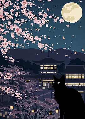Black Cat Under Cherry Blossoms