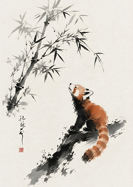 Red Panda and Bamboo Painting