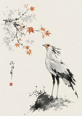 Secretary Bird and Maple Leaves