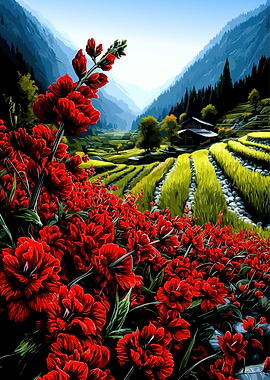 Vibrant Red Flowers in Mountain Terraces