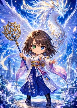 Chibi Girl with Phoenix and Staff