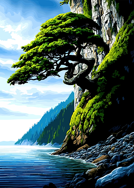 Gnarled Tree on Rocky Coastline