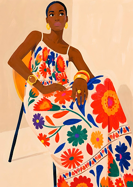 Woman in floral dress sitting in chair