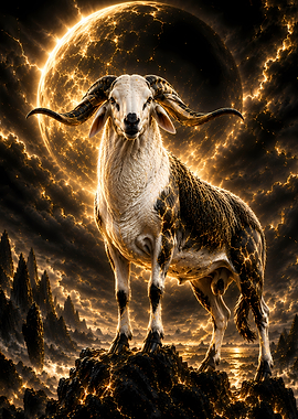 Ram with Glowing Horns and Fiery Background