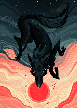 Dark Wolf Over Red Sun