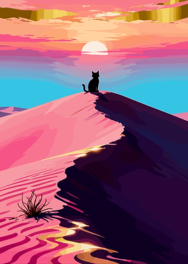 Black cat on desert dune at sunset