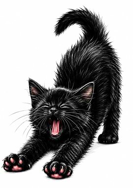 Black kitten yawning and stretching