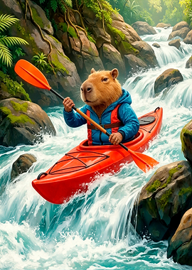 Capybara Kayaking Through Rapids