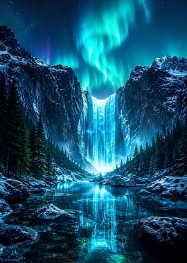 Aurora Borealis Over Snowy Waterfall