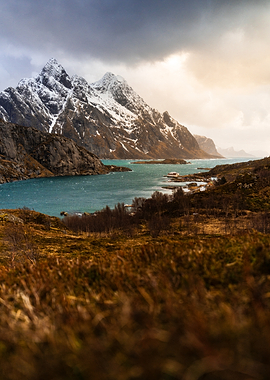 Snow-capped mountains and turquoise water