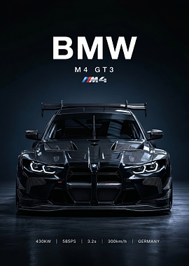 dark black BMW m4 GT3s Race Car poster