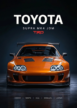 sleek orange Toyota Supra MK4 TRD car poster