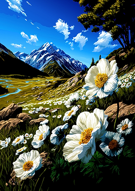 Mountain Landscape with White Flowers