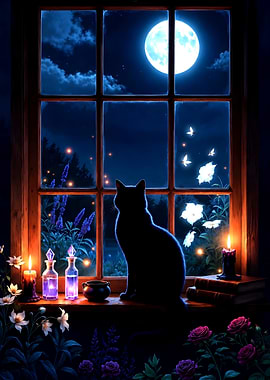 Black Cat by a Moonlit Window