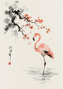 Flamingo and Cherry Blossoms