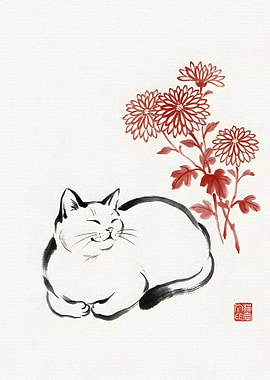 Sleeping Cat with Chrysanthemums