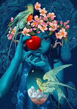 Mystical Blue Woman with Birds and Apple