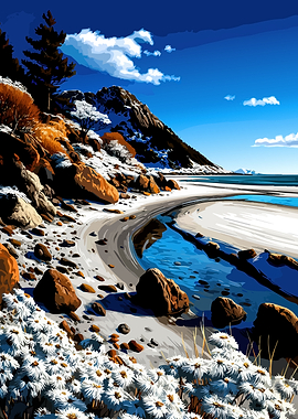 Winter Coastal Landscape with Flowers