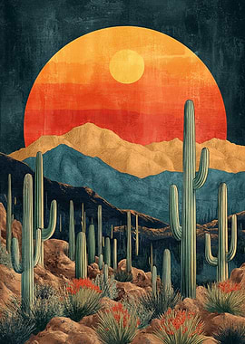 Desert Sunset with Saguaro Cacti