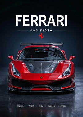 sleek Ferrari 488 Pista red car poster