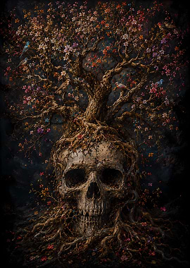 Skull Tree with Birds and Flowers