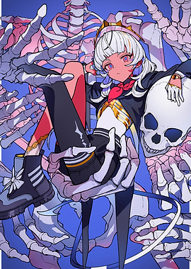 Anime Girl with Skeletons and Skull