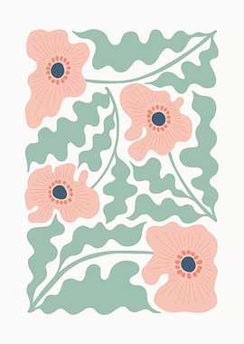 Pink Poppies and Green Leaves Pattern