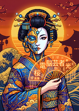 Cyberpunk Geisha with Digital Fan