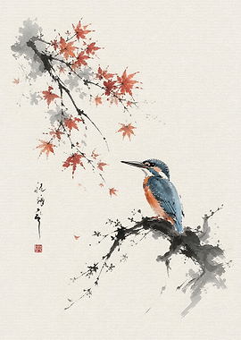 Kingfisher on a Branch with Maple Leaves