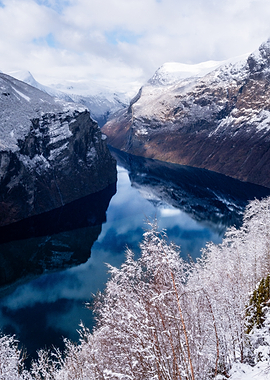 Snow-Covered Fjord in Norway