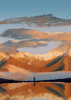 Lone figure by a reflective mountain lake