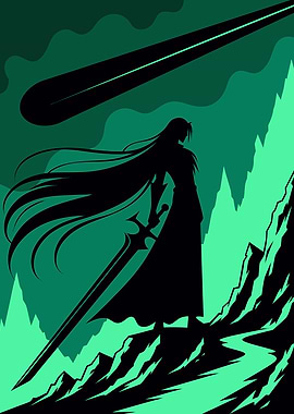 Silhouette Warrior with Sword and Meteor