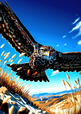 Owl in flight over landscape